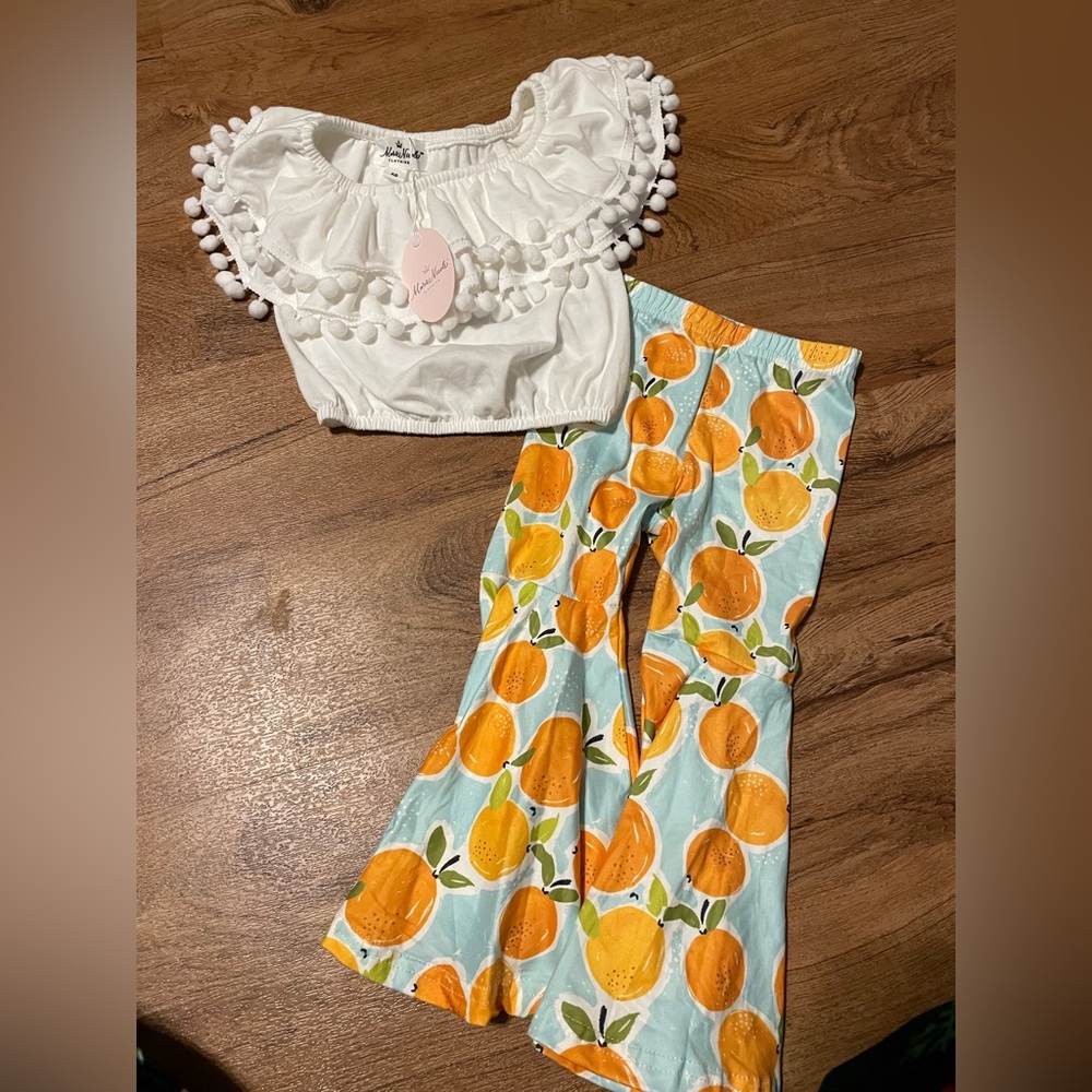 Marie Nicole White Pom-Pom Top and Orange Print Pants Set NWT